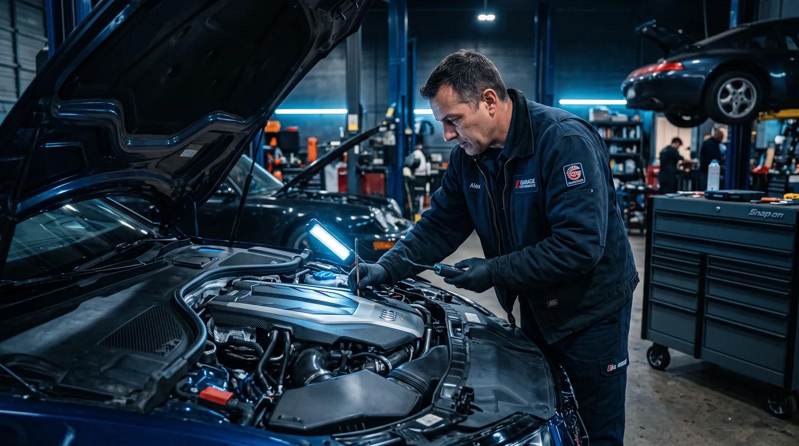 Mecânico inspecionando o motor de um carro com o capô aberto